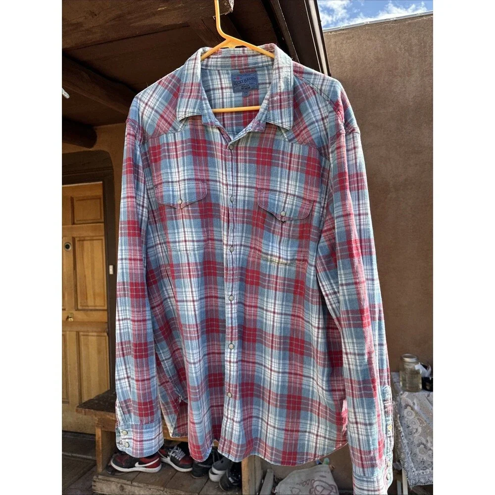 J Crew Men’s Flannel Snap Long Sleeve Short Blue Red White XXL Cotton Fortune